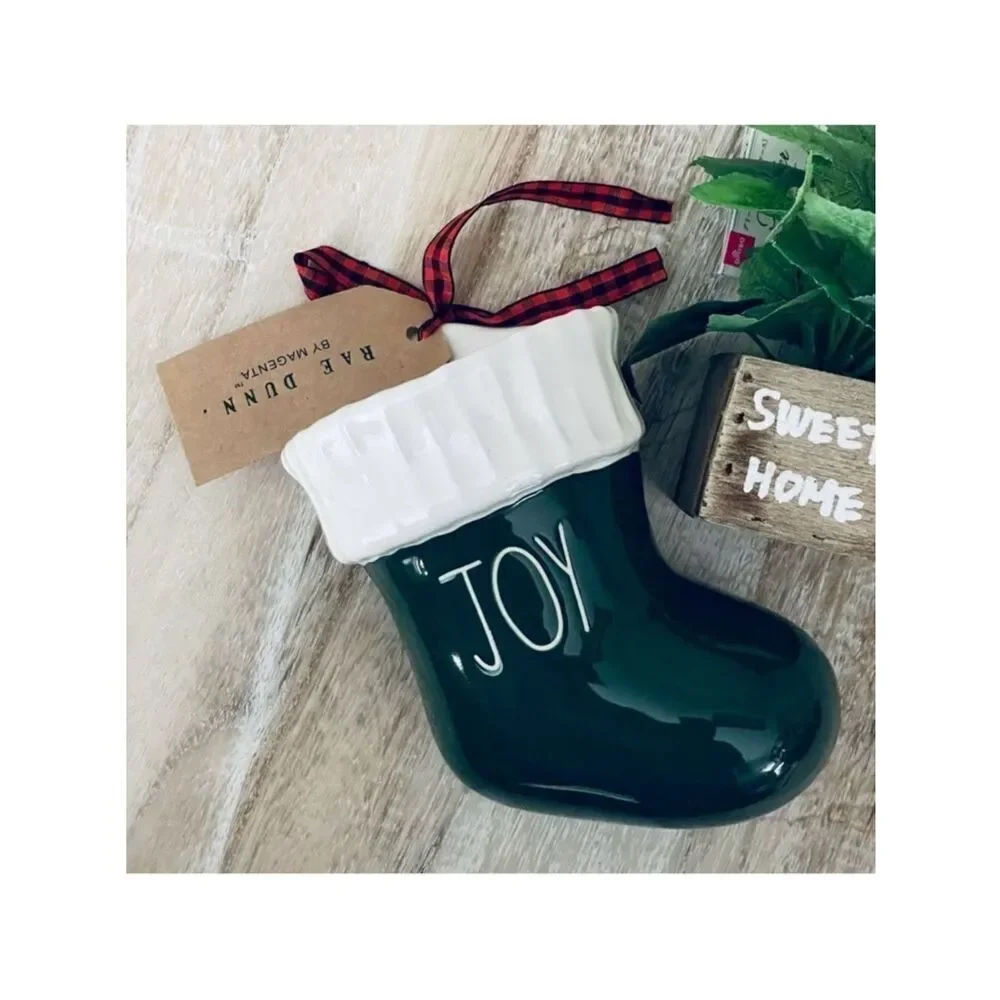 NWT Gorgeous Rae Dunn JOY Green Ceramic Christmas Santa Boot Bootie Stocking